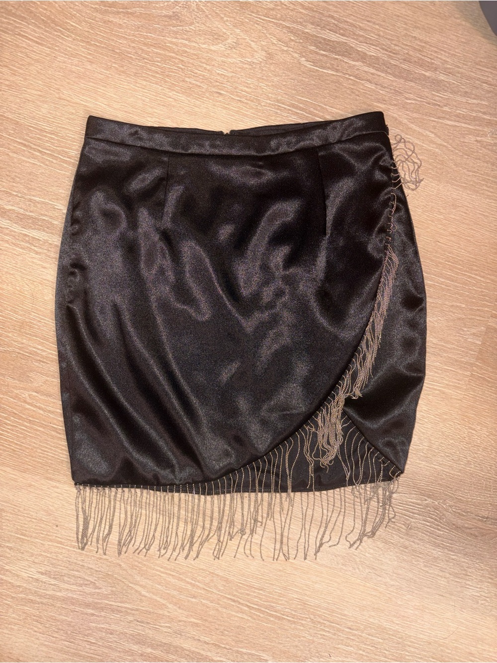 Superdown Black Satin Fringe Wrap Mini Skirt